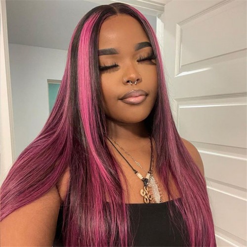 Purple Highlights Straight 13x4 Transparent Lace Front Wig | Human Hair Wig | Lace Front